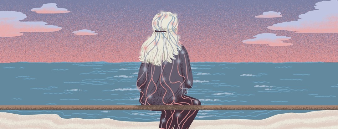 A woman sits on a bench facing out toward an endless ocean and sunset. Over her body are lines that shine at certain points and change from pink to blue.