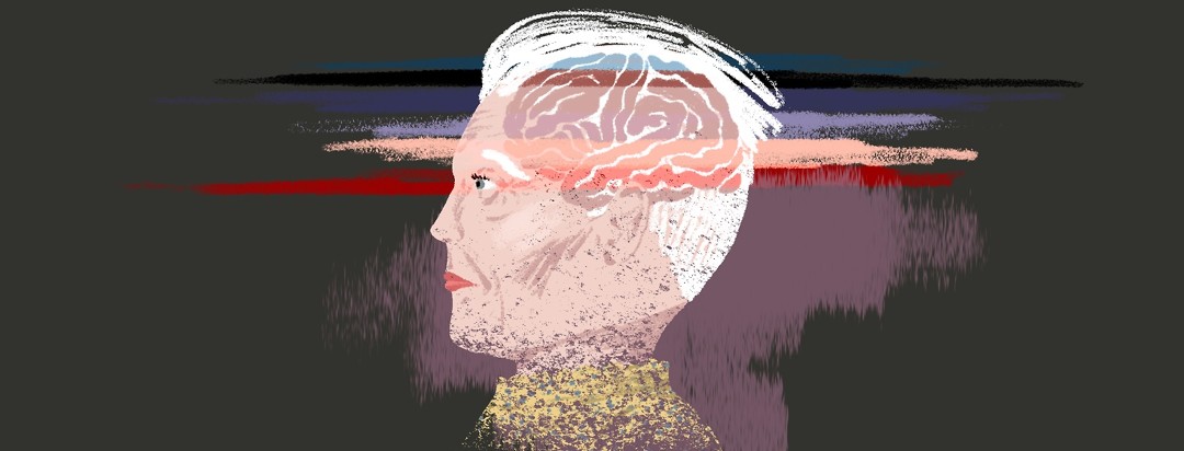 An older woman's head and shoulders are shown in profile with her brain showing through her hair. 7 bands of color are lain over her brain, the last band of color extended to cover the rest of her head and shoulders, which appear to be disintegrating.