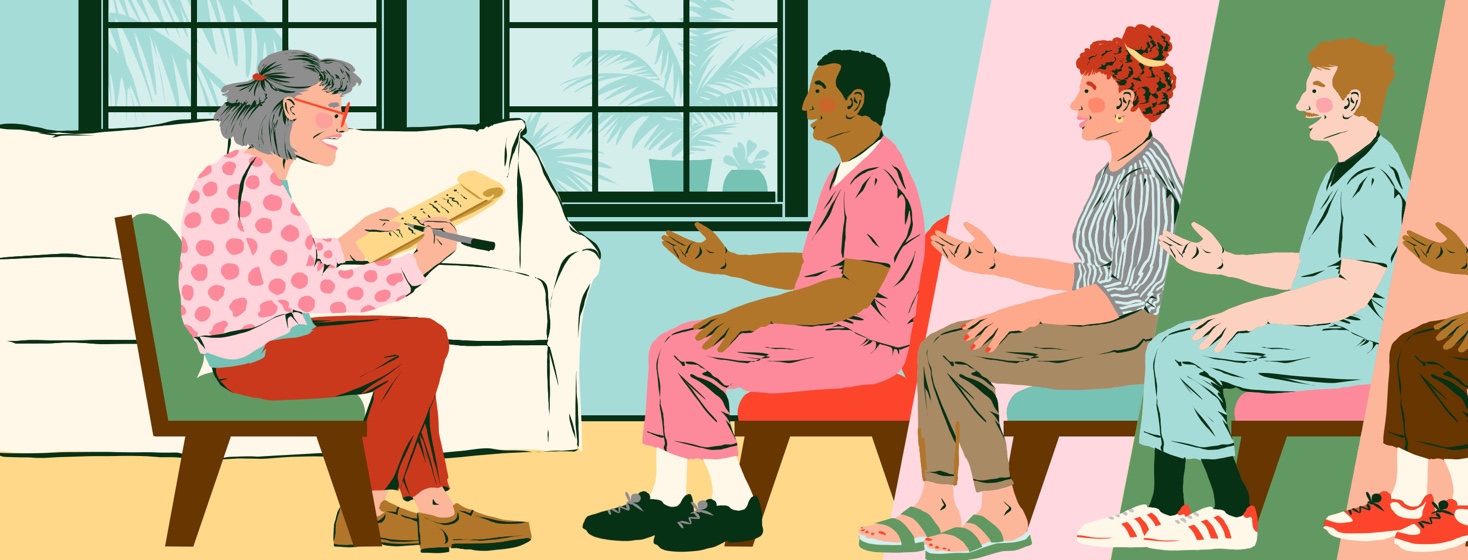 A woman sitting in her home with a legal pad interviews several different people for caregiver positions.