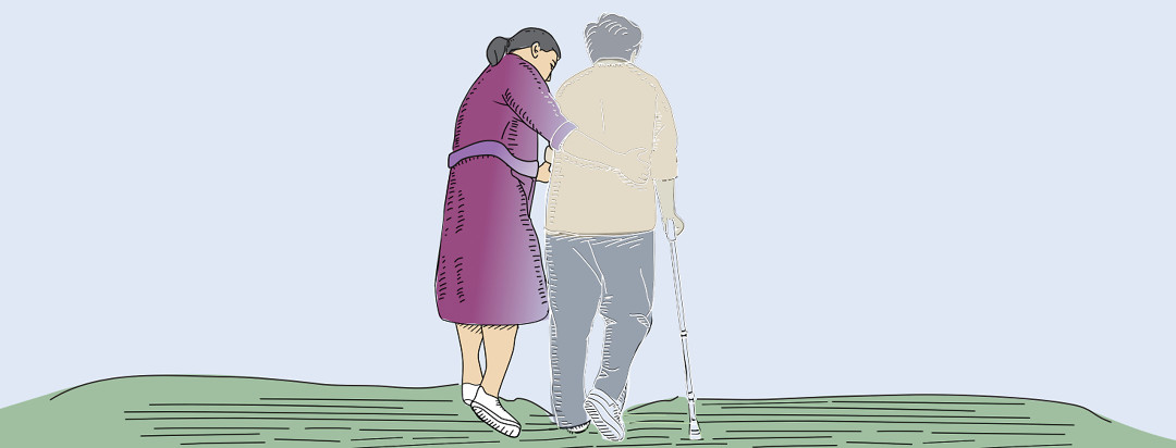 A wife helps her husband with Alzheimer's walk with his cane. His figure is transparent, while hers begins to disappear