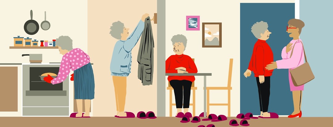 A woman with Alzheimers shown performing various tasks in her house. In each panel the number of purple slippers multiplies.