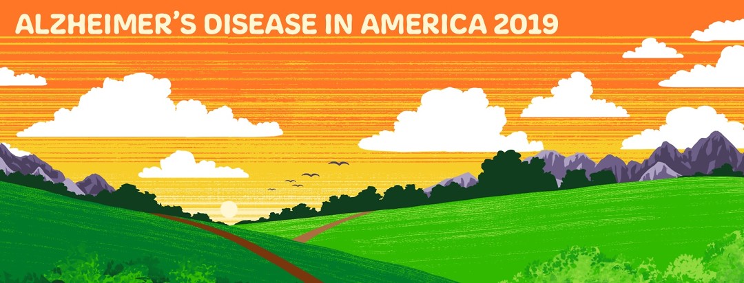 Two grassy hills with separate paths meet in a valley infront of an orange sky. Text in the sky reads ‘Alzheimer’s Disease In America 2019’