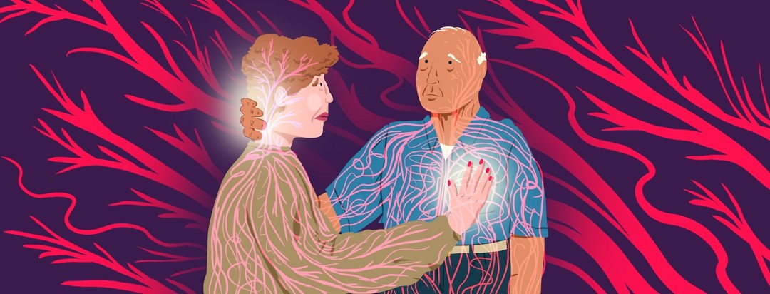 A man and woman stand looking at eachother concerned, hands on eachothers head and heart. Blood vessels of each person shining through their bodies.