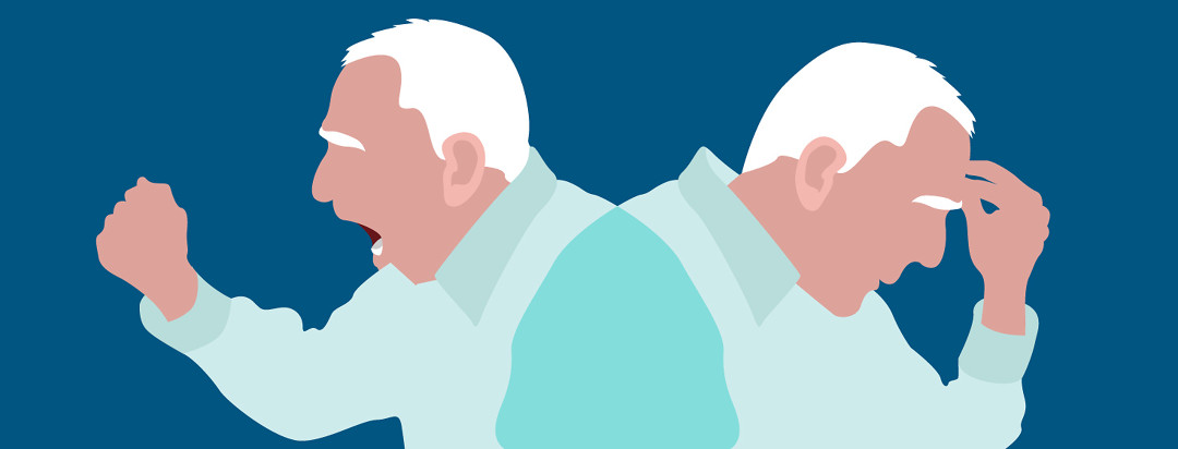 An elderly man with Alzheimers is shown in two states of emotional distress.