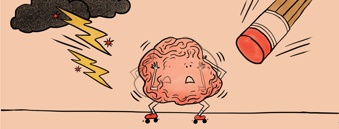 An illustrated brain nervous about the lightning bolts of pain and giant eraser heading towards it.