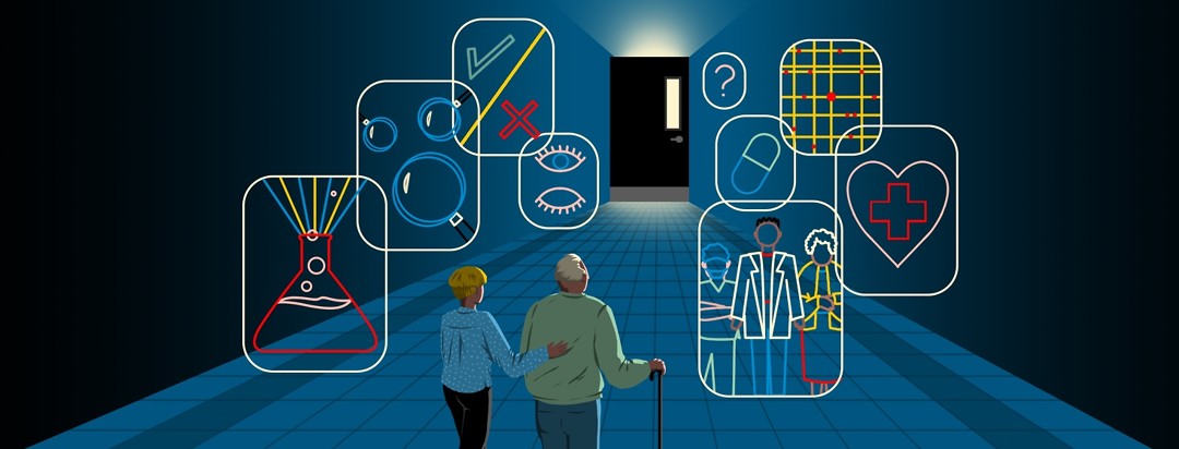 A woman and an elderly man walk toward a closed door that is emitting light from the top and bottom. On their path toward the door are various icons.