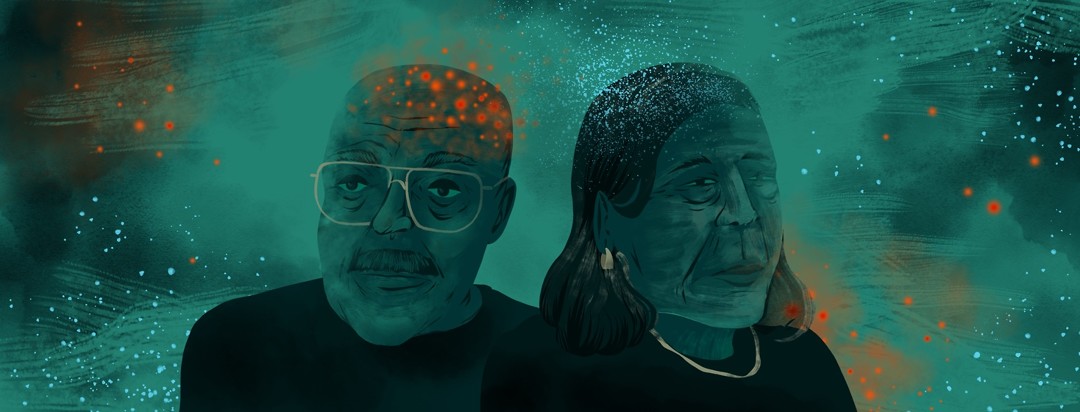 An elderly man and woman stand next to each other, slightly overlapping. Red dots are sprinkled across the man's head, and blue dots are on the woman's.