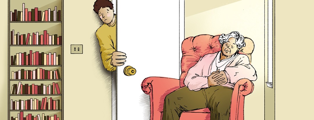 An elderly woman with Alzheimers napping in an armchair while daylight from a window streams into the room. A younger man peeks through a doorway looking concerned
