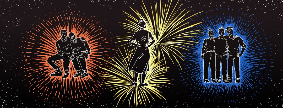 Three groups of people infront of a background of fireworks, including a caregiver and Alzheimer's patient, a person alone, and three people smiling.