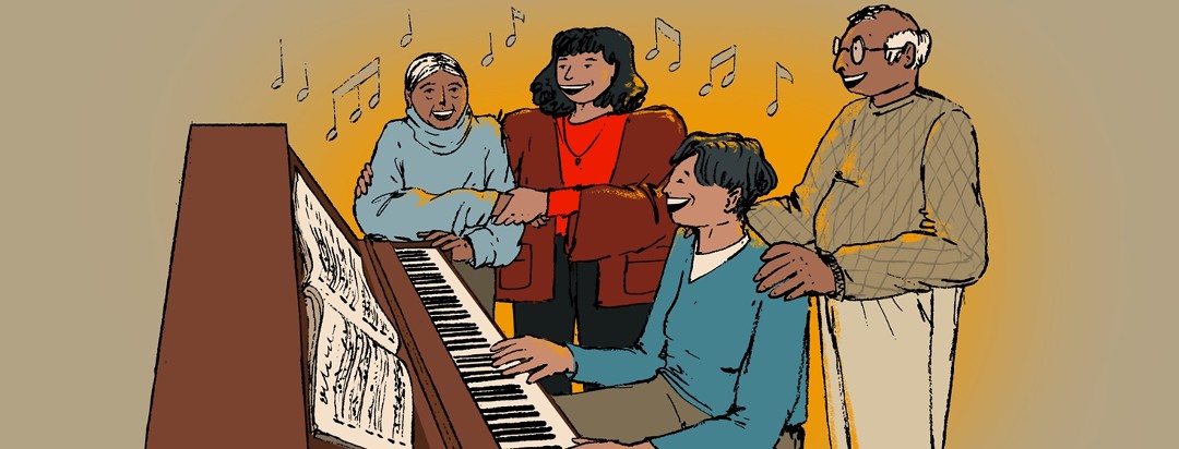 A family of adults and elderly people sit and stand around a piano, singing.