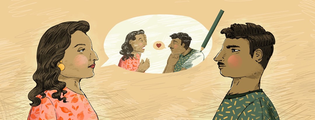 A man and woman stare at each other silently. Between them is a speech bubble showing a hand-drawn version of them having an impassioned conversation.