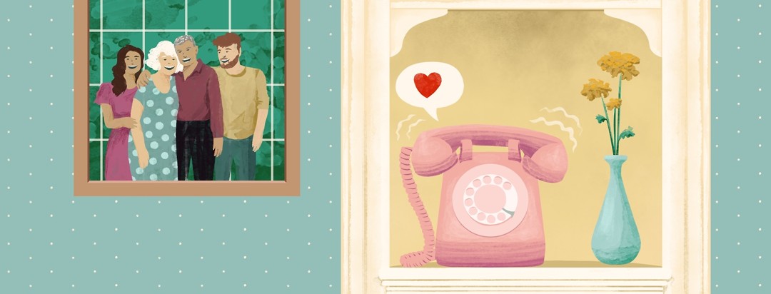A rotary phone is ringing with a speech bubble that contains a heart. On the wall next to the nook is a family of 4, 2 adults and 2 seniors.