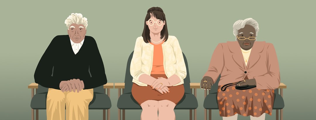 Three people sit in a row of chairs at a doctor's office. Two are elderly, and the middle-aged woman in the middle is looking troubled and confused.
