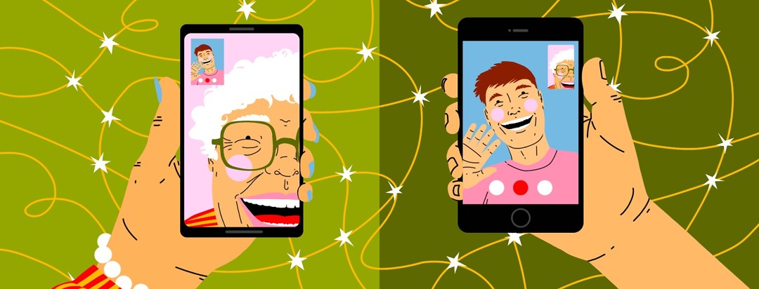 A young man and older woman Facetime in different places.