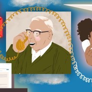 A frame of an older man smiling and talking on a telephone is surrounded by open sky and other frames of a card with hearts on it, an email being printed out, a paper airplane with a heart flying toward the man, and a smiling woman on the other line of the telephone.
