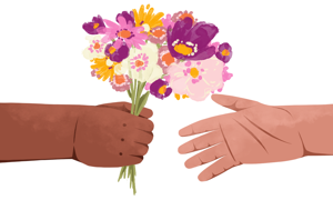 One hand giving a bouquet of flowers to another hand