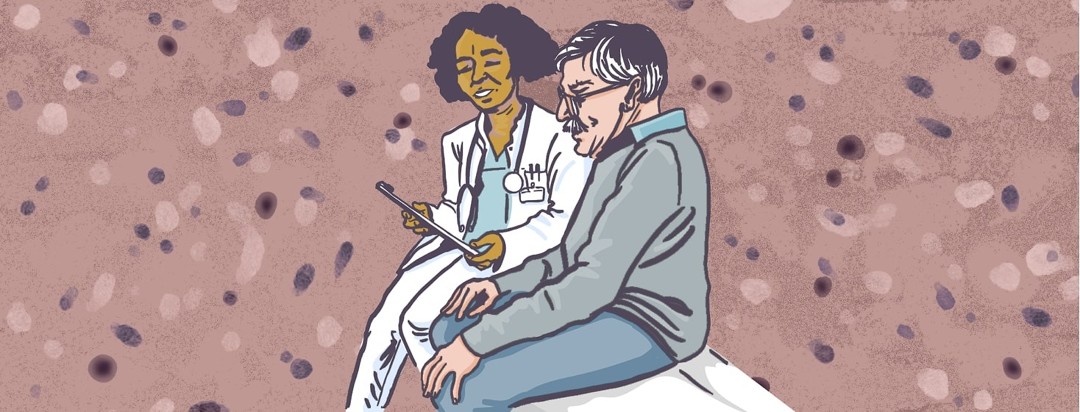 A female doctor explains a dementia diagnosis to an older man. The background resembles Lewy bodies.