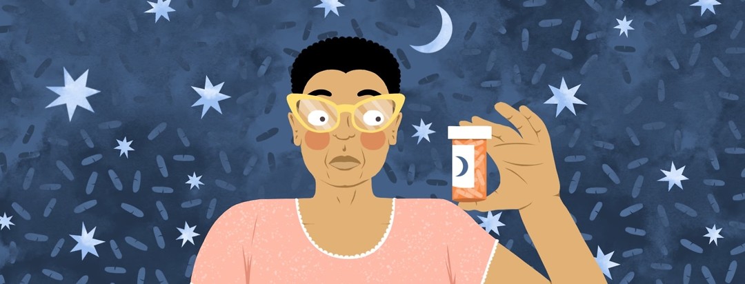 A woman with Alzheimer’s in pajamas looks skeptically at a bottle of pills she is holding. The background shows a pattern of pills, stars, and a moon.