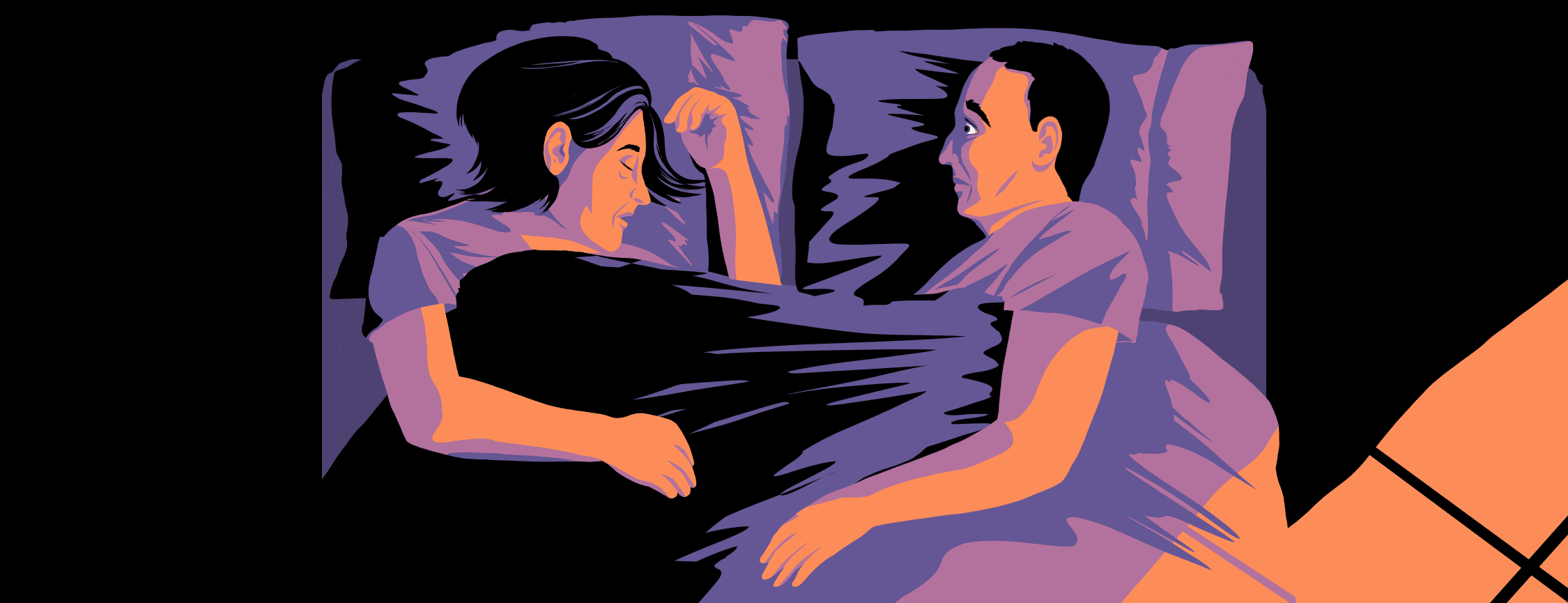 An couple lies facing each other in bed. The woman, who has Alzheimer’s, is asleep, breathing regularly, and the man is awake, watching her anxiously.