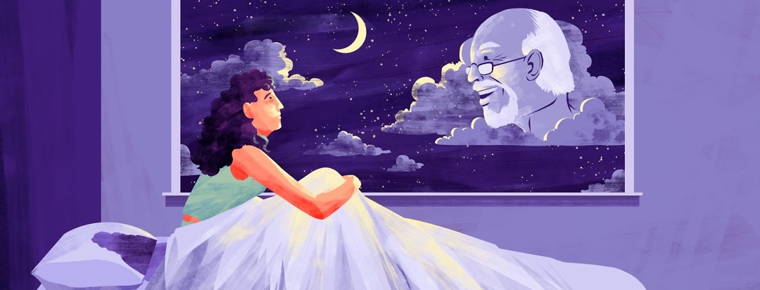 A woman sits up in bed, looking at the face of an older man appearing in the clouds of the night sky.