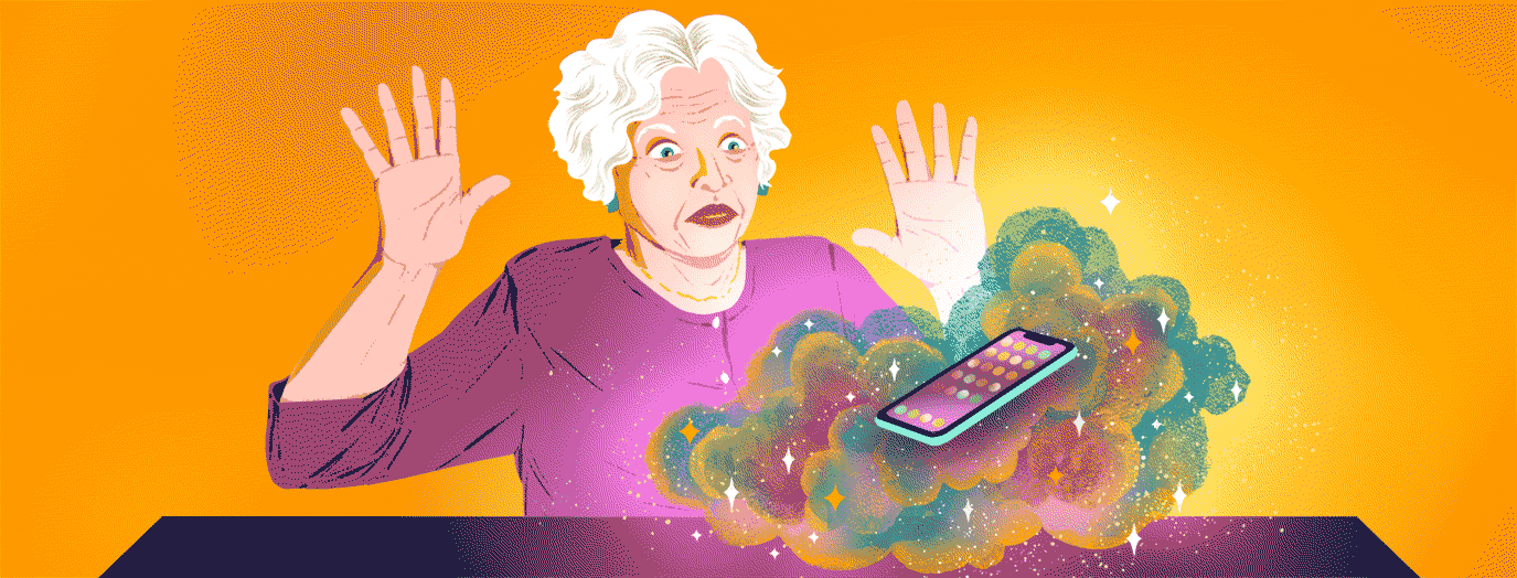 An older woman looking bewildered holds her hands up and backs away from a cell phone that is floating in a magical, colorful cloud.