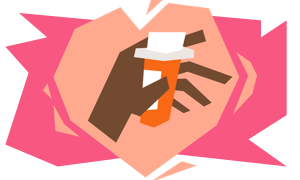 A hand holding a pill bottle in front of a heart shape.
