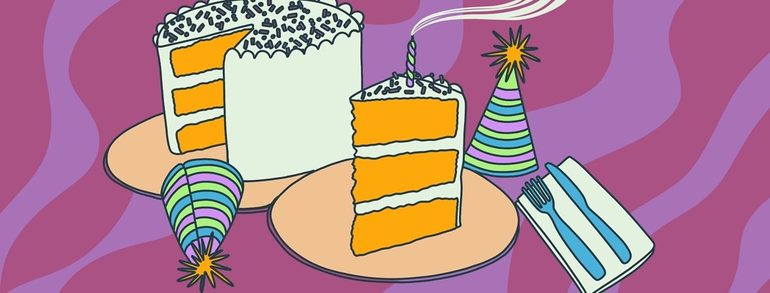 A birthday cake sits with a slice cut from it, confetti, and party hats. One of the hats is overturned and the candle on the slice has been blown out.