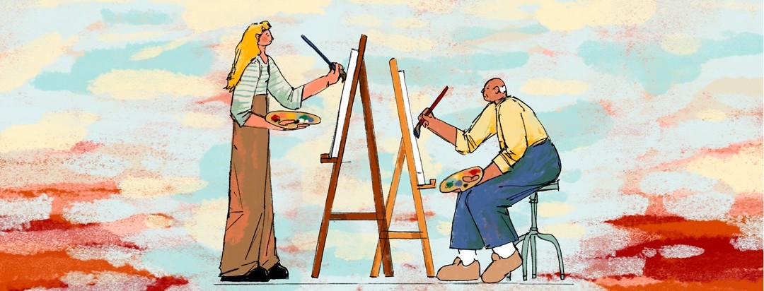 A younger woman stands at an easel painting a canvas while an older man sits across from her doing the same thing. The angry red background is mostly obscured by soothing brushstrokes in calm shades of blue and yellow.