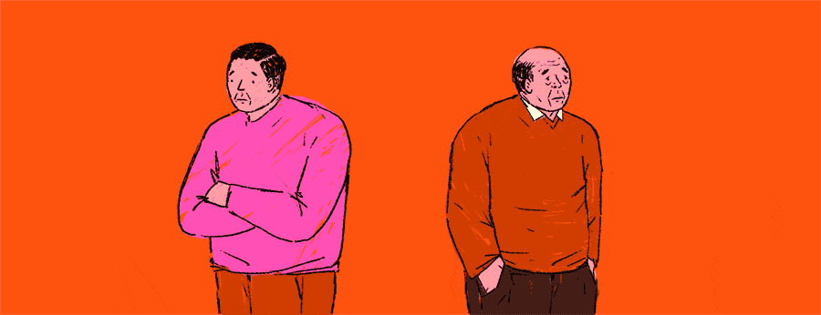 A younger man and older man start facing away from each other, looking sad and concerned, but eventually turn to each other to speak openly and with compassion.