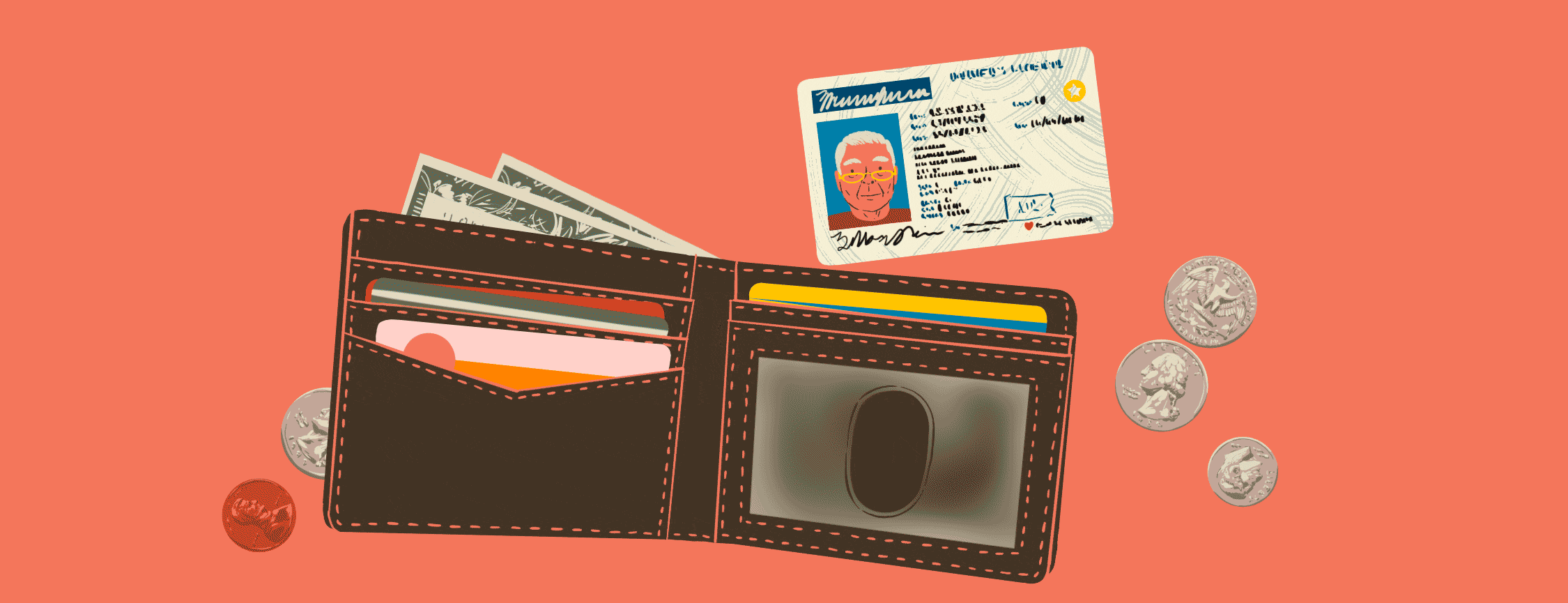 A wallet is open with coins scattered around it and several bills poking out of the billfold. A driver's license is next to the wallet, and a hand reaches out to slide it out of frame.
