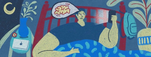 Young man awake in bed on his phone at night. A callout bubble indicates his brain is swelling.