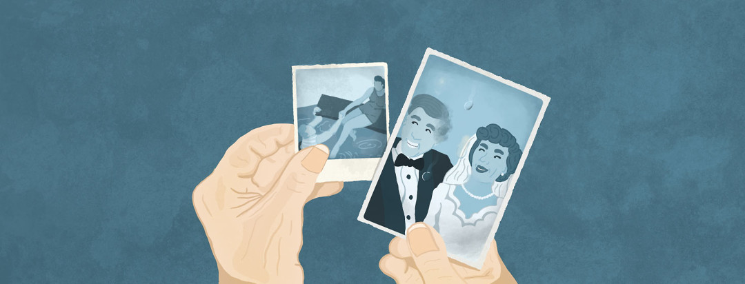 An aged hand holding up a tear-stained pair of old photos. One is of a bride and groom and the other is of the same couple at a lake.
