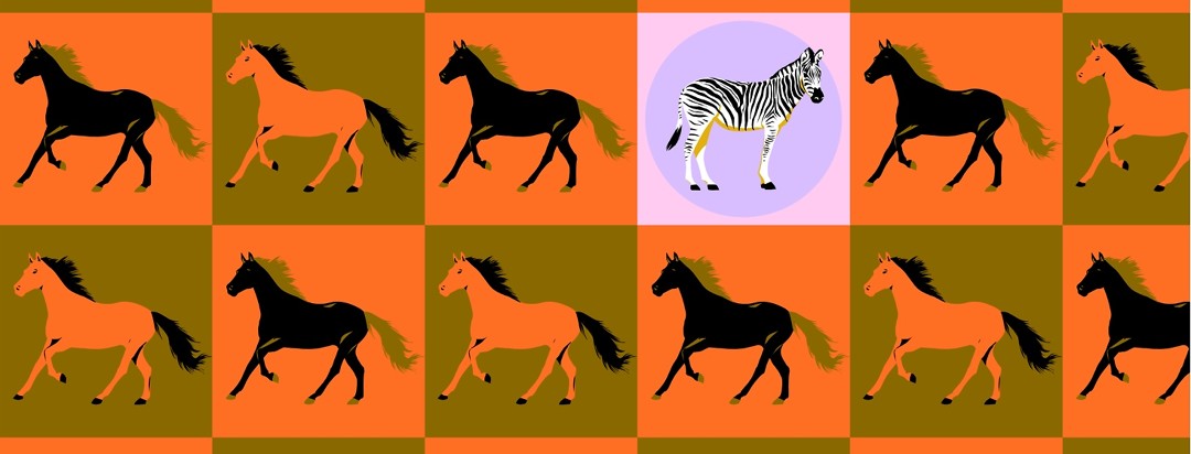 A pattern of horses is interrupted once by a zebra on a square of brighter colors.