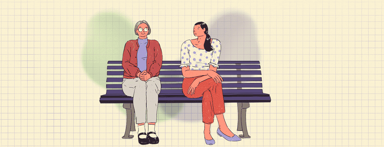 An older woman with Alzheimer’s and her adult daughter sit on a bench. Behind them two shapes overlap, then move to overlap in a new position.