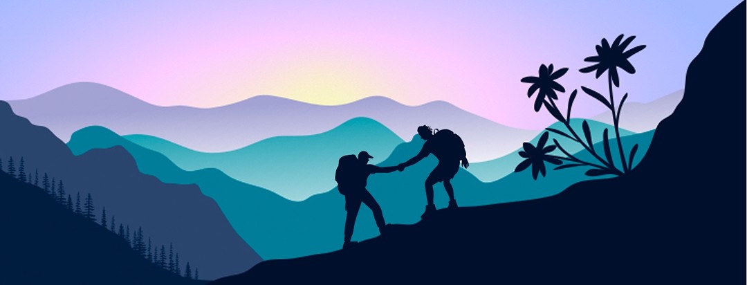 Two men are silhouetted helping each other up a tropical mountain landscape.