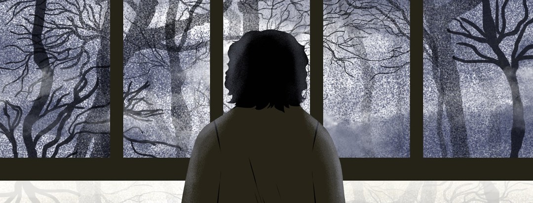 A woman is in silhouette, looking out a window to a wintery, dark scene of bare trees and little sunlight.