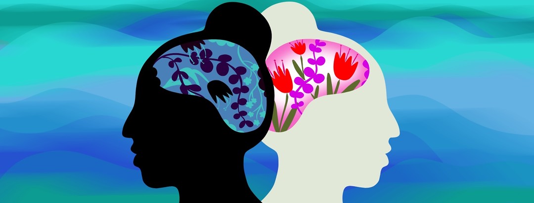 A woman's head is reflected and faced back to back - one of the brains encompasses vibrant colorful flowers, while the other includes dark and wilted flowers.
