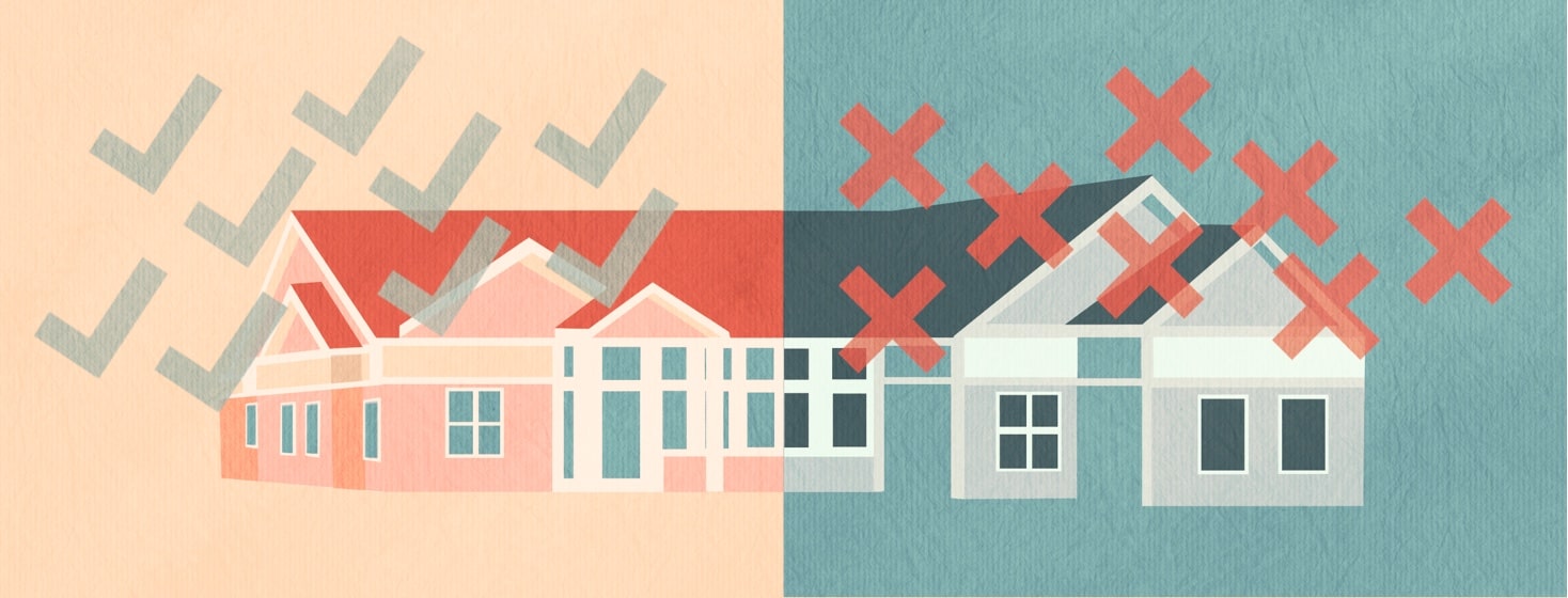 A memory care center is split down the middle, with cheerier colors and check marks on the left side, and darker colors and x's on the right.