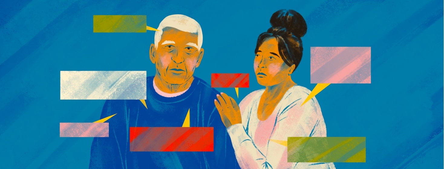 A younger woman has her hand on the shoulder of an older man. Around both of them are notes/edits pointing at them.