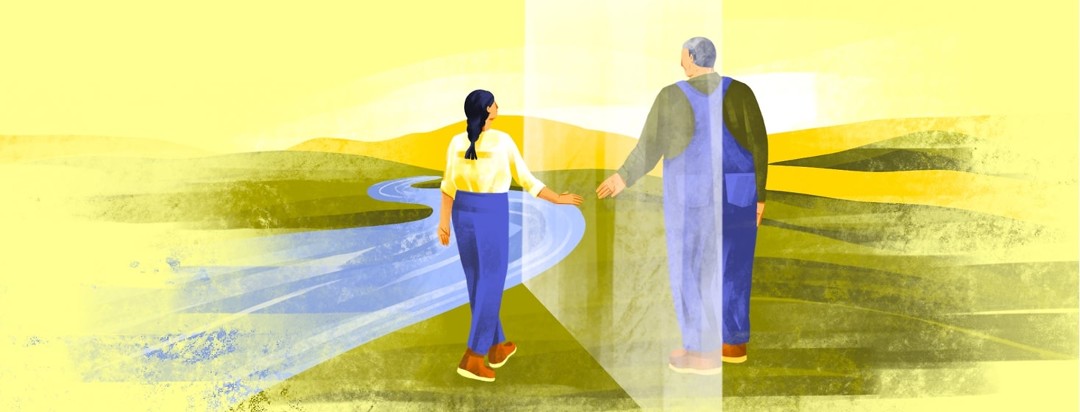 A woman walks along a river and reaches out her hand to an older man who is beside her and also reaching out his hand, but is separated by a translucent plane.