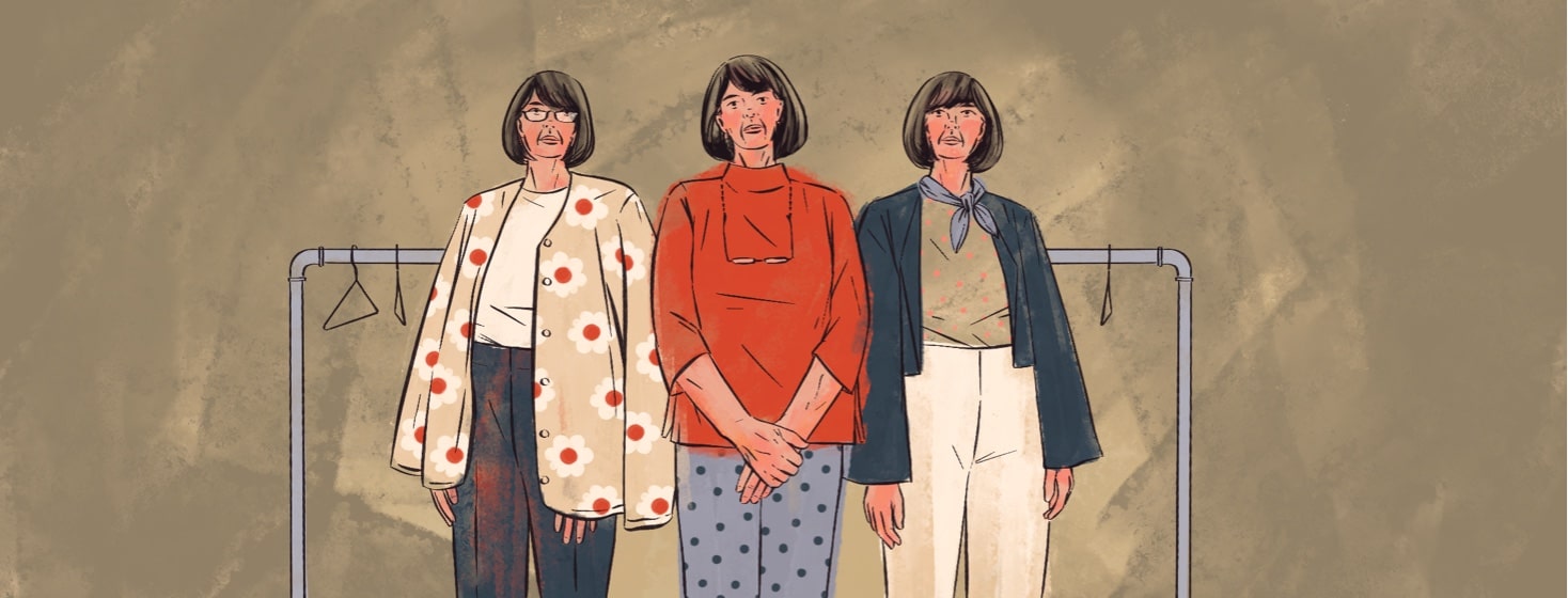 An older woman is shown in three different outfits that all have common colors and seem to be from the same collection.