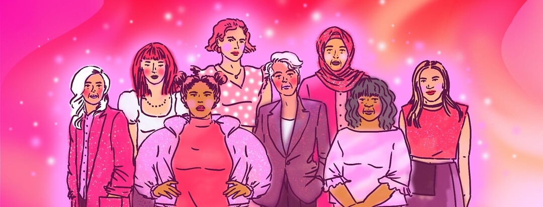 A group of female-identifying people diverse in ethnicity and age stand confidently together against a background of pink and purple swirls and sparkles.