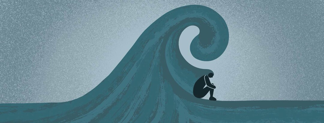Person grieving underneath a huge ocean wave.