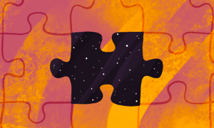 A missing puzzle piece with the void filled with stars.