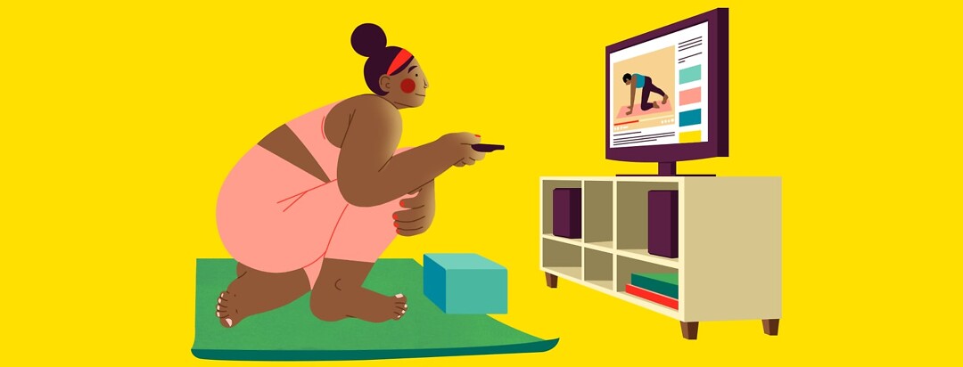alt=A woman crouches over a yoga mat, holding a TV remote as she chooses a yoga YouTube tutorial to watch on her TV.