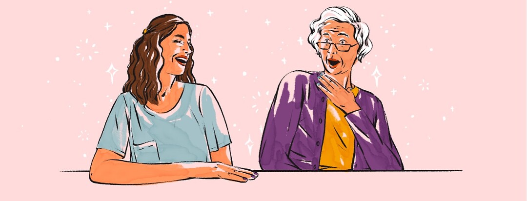 alt=A woman laughs at an older woman pretending to look offended.