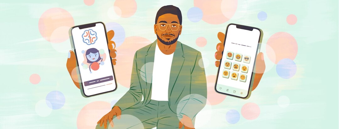 alt=Rishawn Dindial, creator of the Memoryz app, sits between two phones displaying pages from the app.