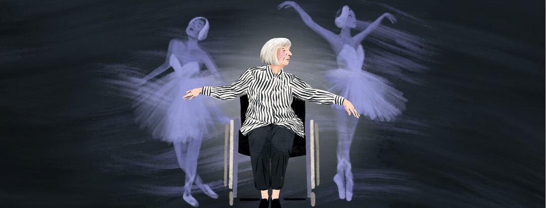 alt=elderly ballerina Marta Gonzalez dances in her wheelchair. Ghostly version of her younger self dance behind her.