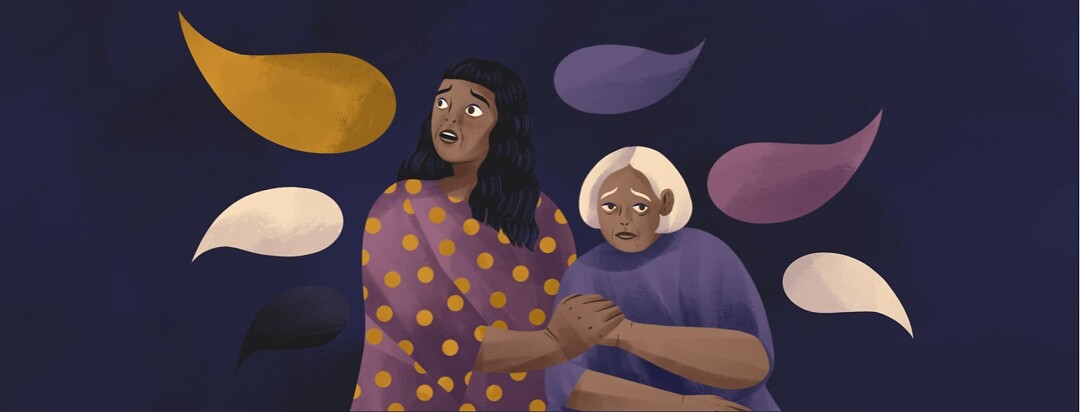 alt=a younger woman clutches her mother. Both look frightened of the speech bubbles that surround them.