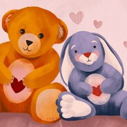 alt=a teddy bear and stuffed rabbit smile & hold hearts. Hearts float around them.